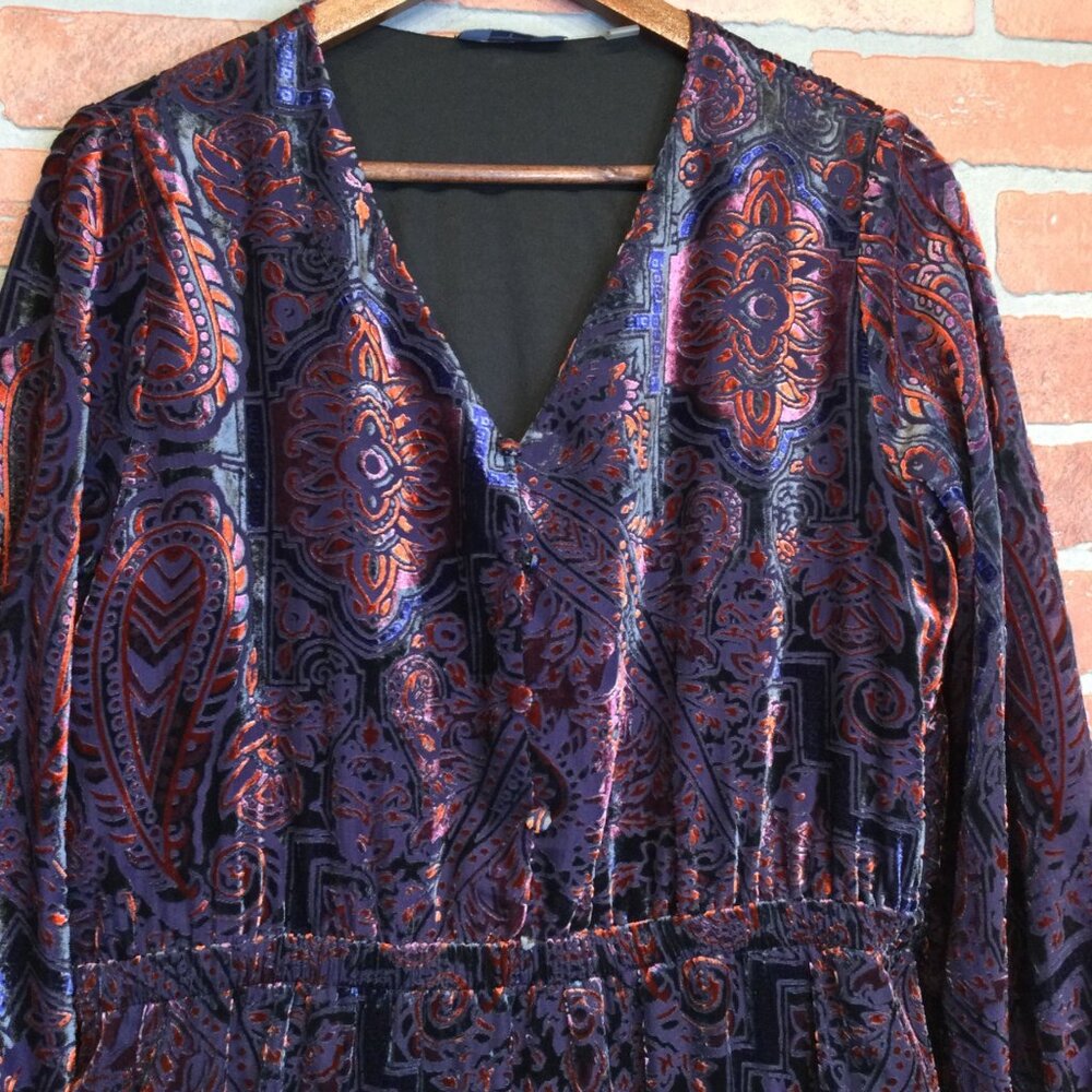Dark Paisley Velvet Burnout Midi Dress Tahari PXL XL Petite Whimsigoth Grunge - Picture 9 of 12